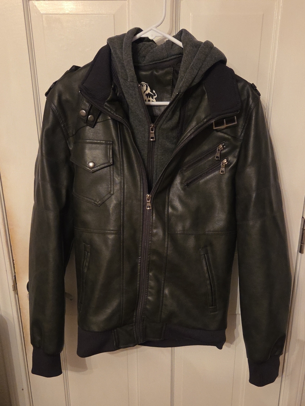 Source Unknown Black Faux Leather Bomber Jacket with Grey Hood Insert
